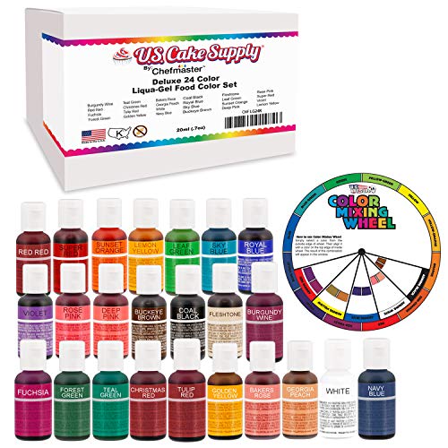 24 Color Cake Food Coloring Liqua-Gel Decorating Baking Primary & Secondary Colors Deluxe Set - U.S. Cake Supply 0.75 fl. oz. (20ml) Bottles