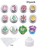 Cofe-BY Russian Piping Tips for Cake Decoration Supplies - 21pcs Cake Nozzles set, Rose Icing Nozzles Decorations Baking Kits 10 Piping Nozzles-1 Coupler -10 Disposable Pastry Bags