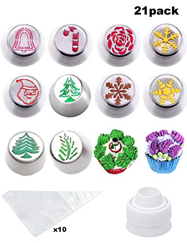 Cofe-BY Russian Piping Tips for Cake Decoration Supplies - 21pcs Cake Nozzles set, Rose Icing Nozzles Decorations Baking Kits 10 Piping Nozzles-1 Coupler -10 Disposable Pastry Bags