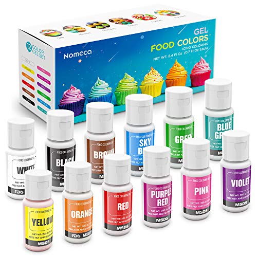 12 Color Gel Food Coloring, Nomeca Vibrant Icing Colors Tasteless Edible Food Dye - .70 Fl Oz (20ml) Bottles - Vegan Gluten Free Gel Icing Colors for Cake Decorating, Baking, Fondant, Slime DIY