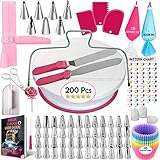 200 Pcs Cake Decorating Supplies Kit for Beginners-1 Cake Turntable Stand with Piping bags and Tips -2 Spatula-Cake Leveler & Icing Smoother-55 Piping tips & Nozzles-Baking tools -20 Cupcake liners